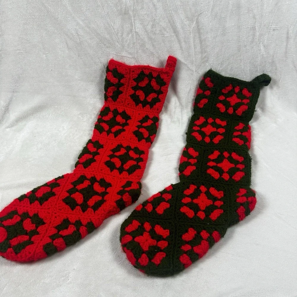 LOT of 2 VINTAGE Handmade CHRISTMAS STOCKINGS  Granny Square Crochet 25 x 6